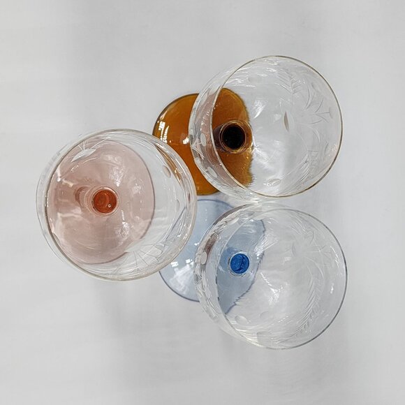 Set Of 3 Vintage Etched Glass Goblets With Pink Amber & Blue Stems Floral Design - Picture 6 of 7
